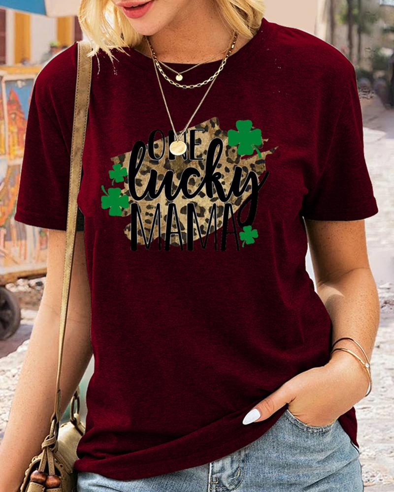 

St.Patrick' Day Letter Cheetah Clover Print Short Sleeve T-Shirt, Wine red