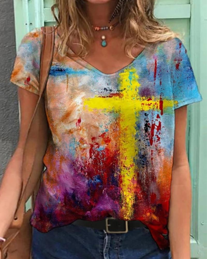 

Cross Pattern Print Colorblock V Neck T-Shirt, Multicolor