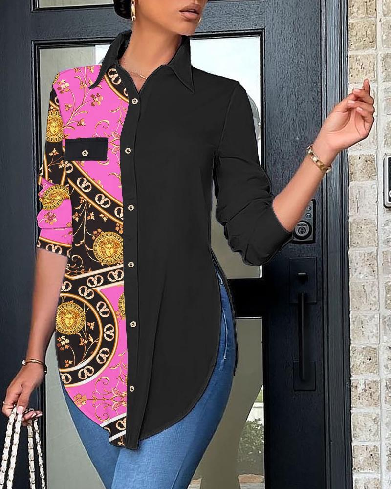 

Baroque Scarf Print Side Slit Button Down Shirt, Black