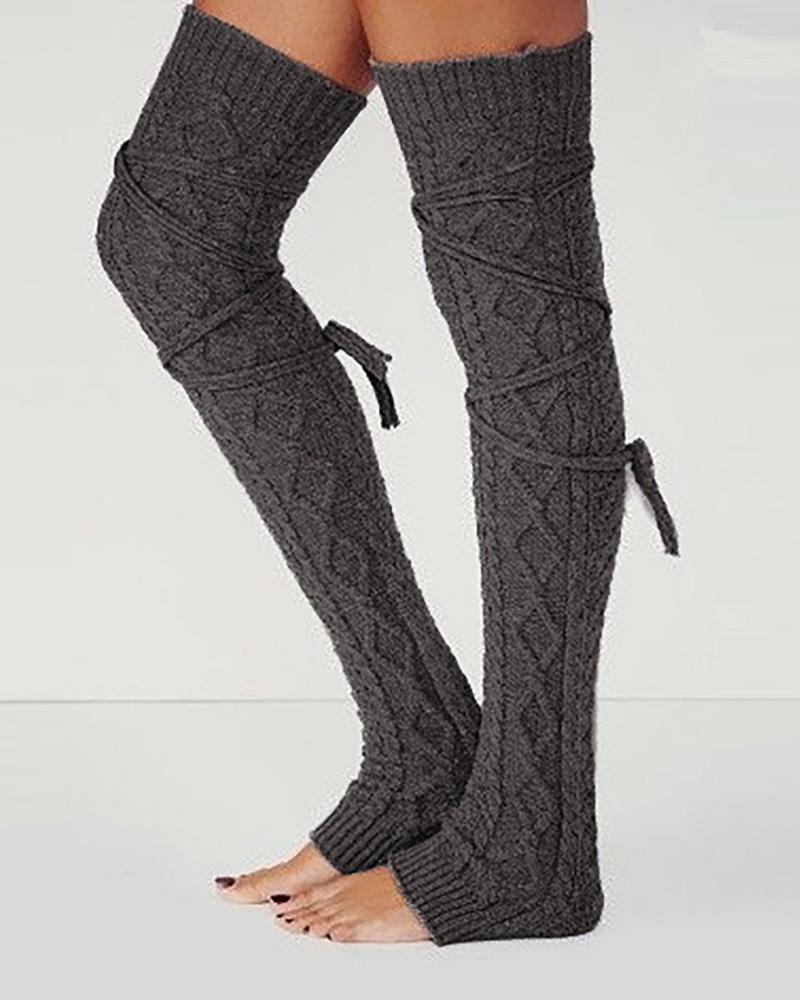 

Braided Hollow Out Knit Lace-up Socks, Dark grey
