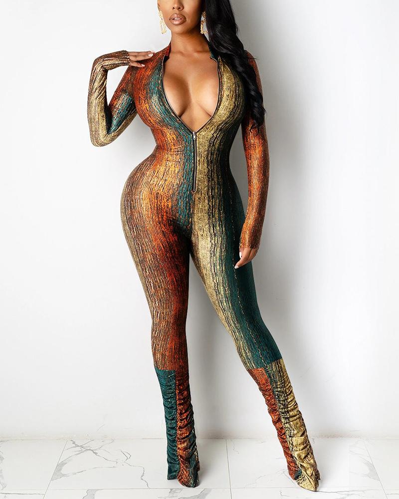 

Multicolor Print Long Sleeve Skinny Fold Jumpsuit, Brown