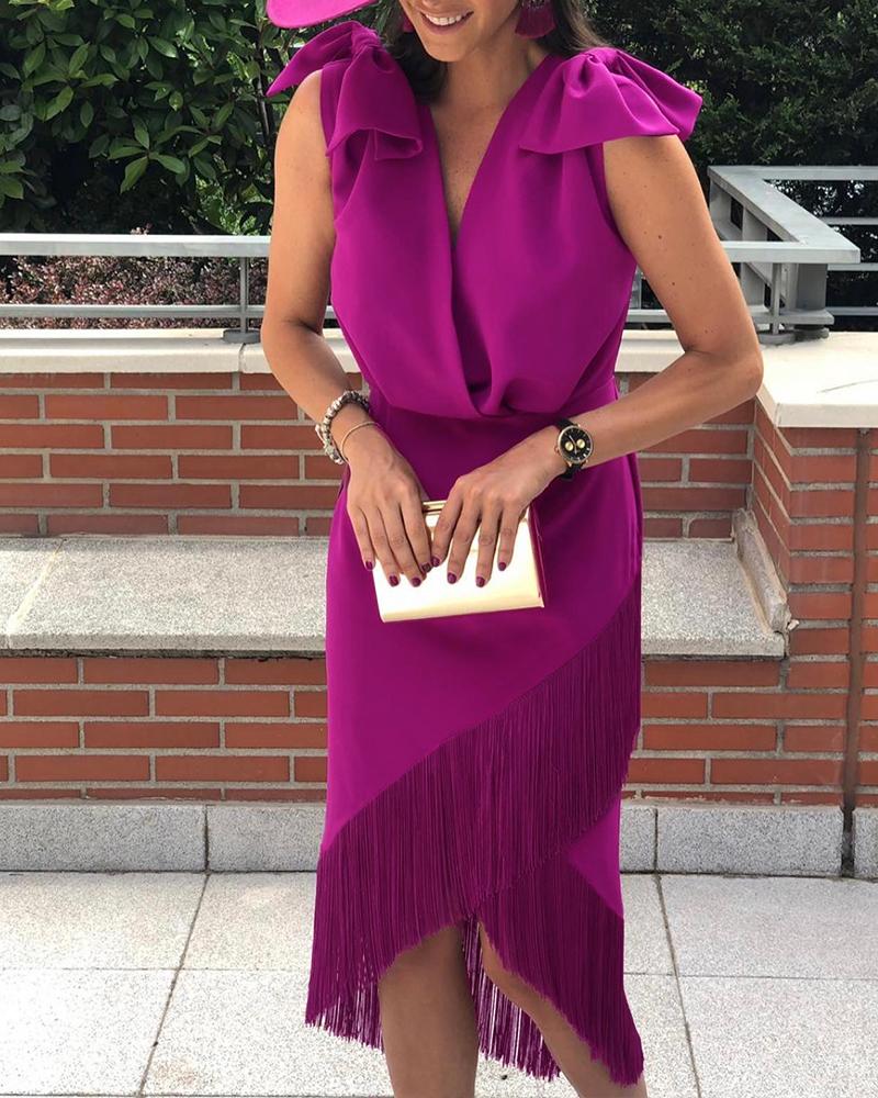 

Bow Decor Tassel Trim Midi Dress, Purple