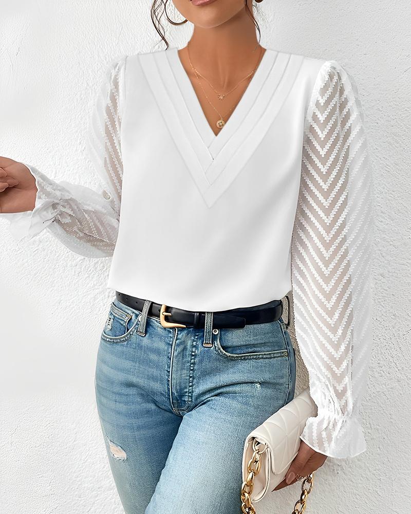 

Chevron Pattern Sheer Mesh Long Sleeve Top, White