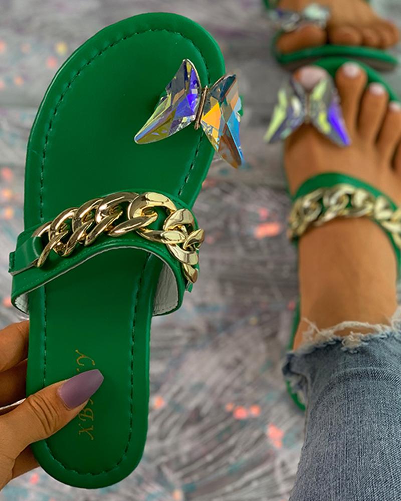 

Chain Decor Butterfly Pattern Toe Post Sandals, Green