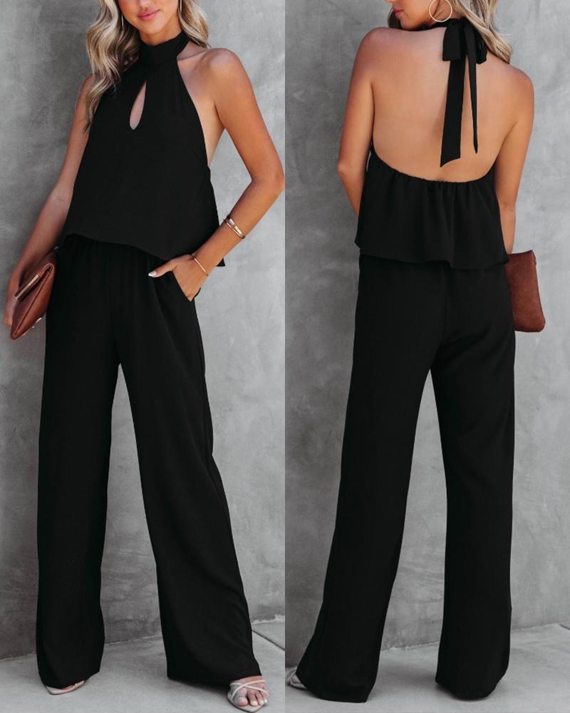 

Halter Backless Tied Detail Jumpsuit, Black