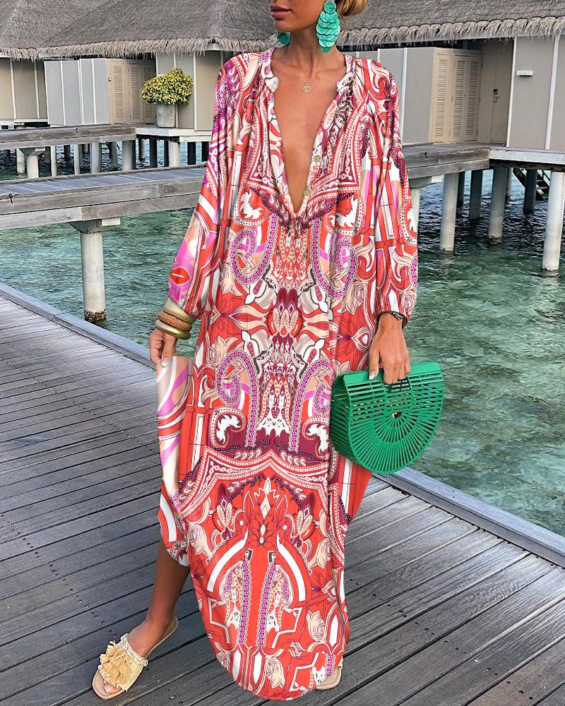 

Tribal Print Long Sleeve Shirt Dress, Red