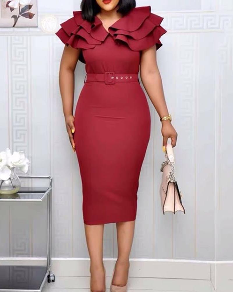 

Tiered Ruffles Short Sleeve Work Dress With Belt, Wine red