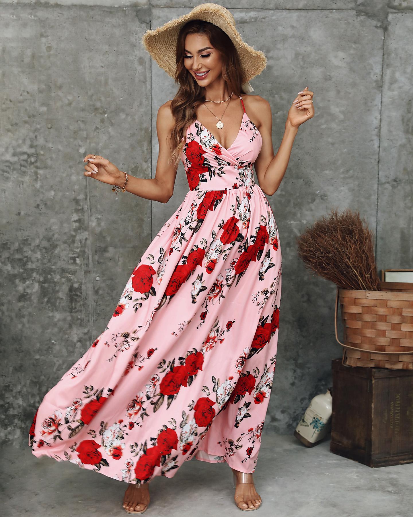 

Floral Print Spaghetti Strap Maxi Dress, Red