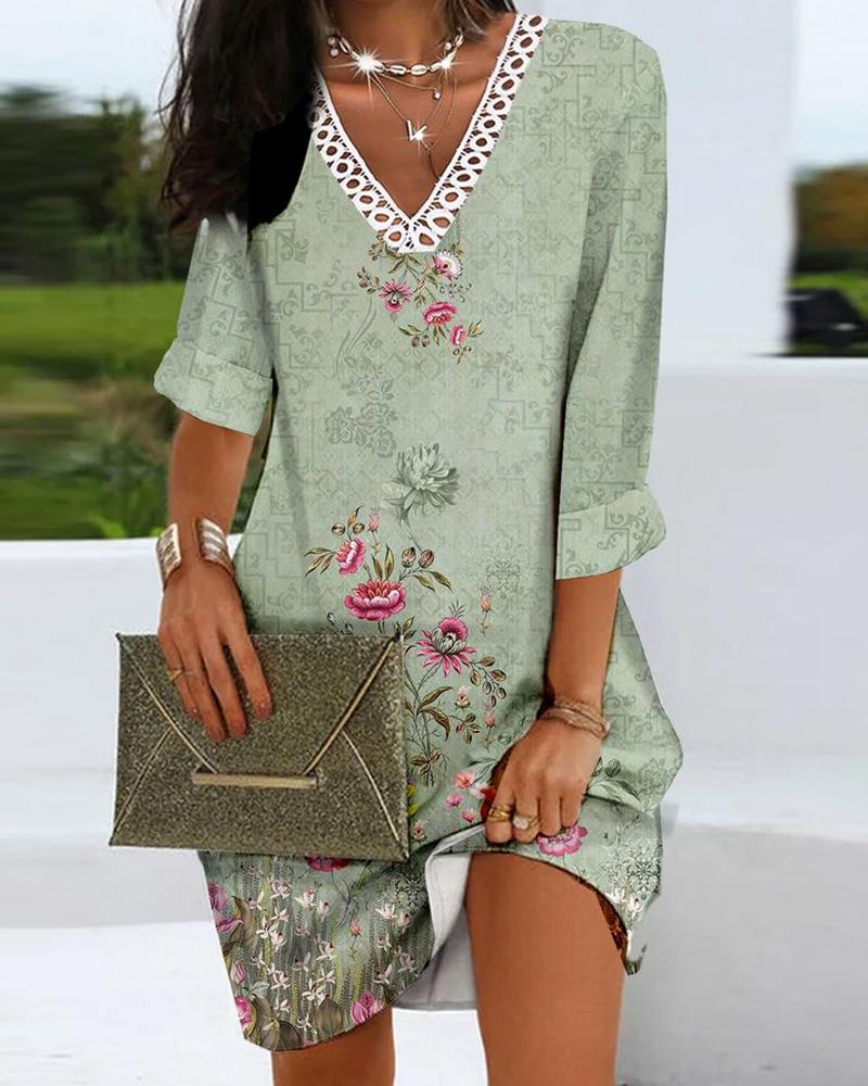 

Floral Print Contrast Lace Long Sleeve Casual Dress, Green