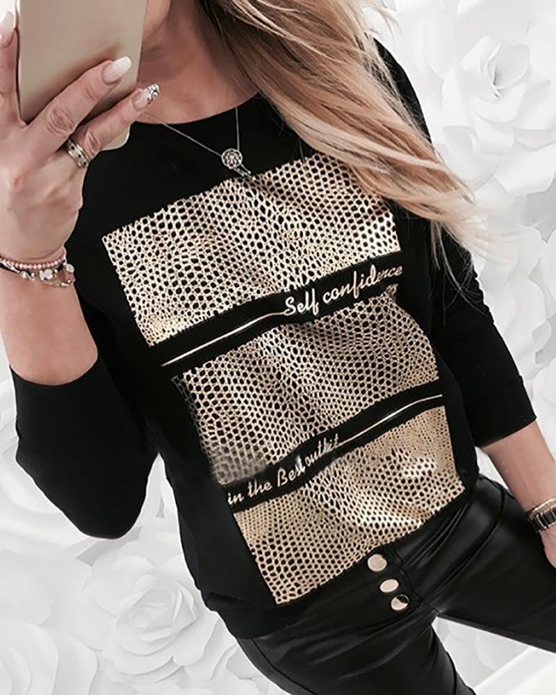

Long Sleeve Letter Patch Casual Blouse, Black