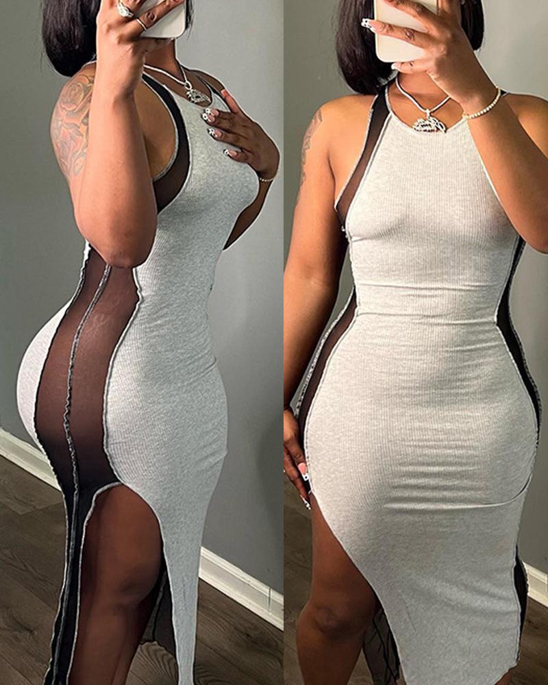 

Sheer Mesh Patch Sleeveless Bodycon Dress, White