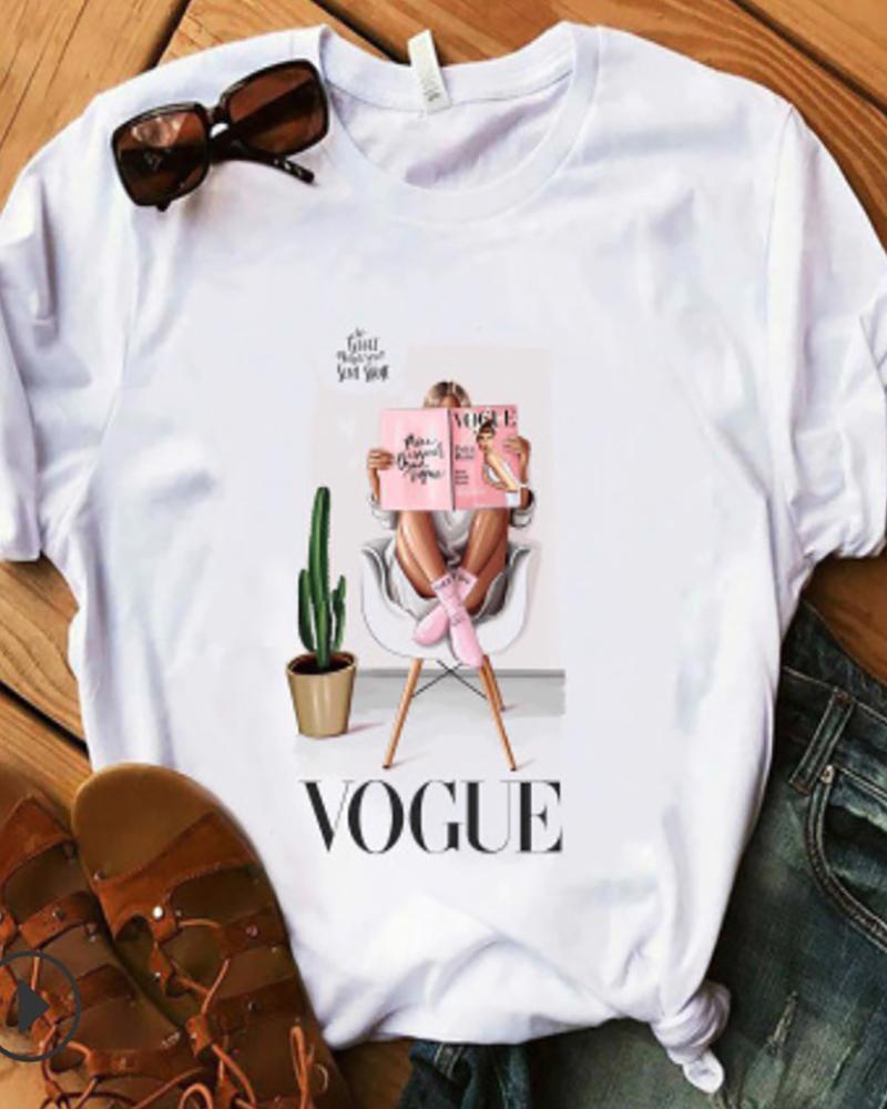 

Lip / Letter / Floral / Figure / Graphic Print Round Neck T-Shirt, Style7