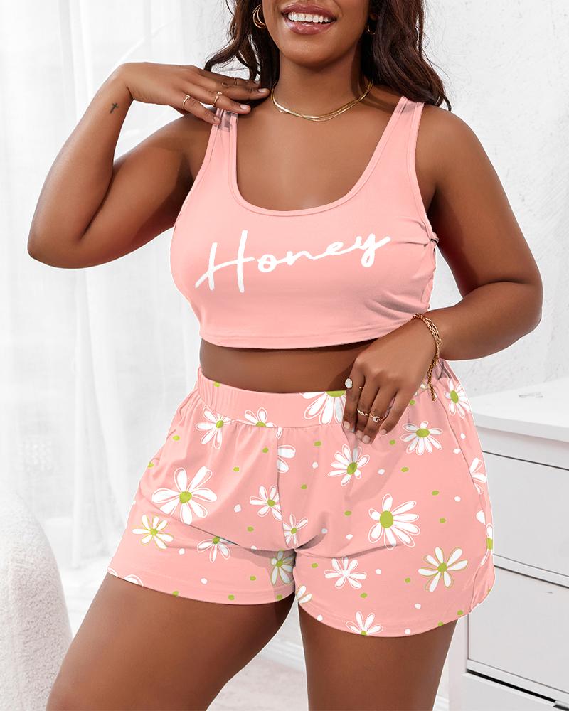 

Plus Size Letter Daisy Print U-Neck Pajamas Set, Pink