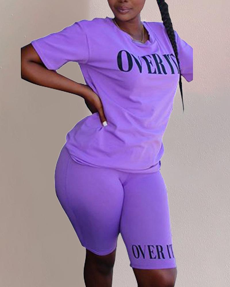 

Plus Size Letter Print Casual Top & Shorts Set, Purple