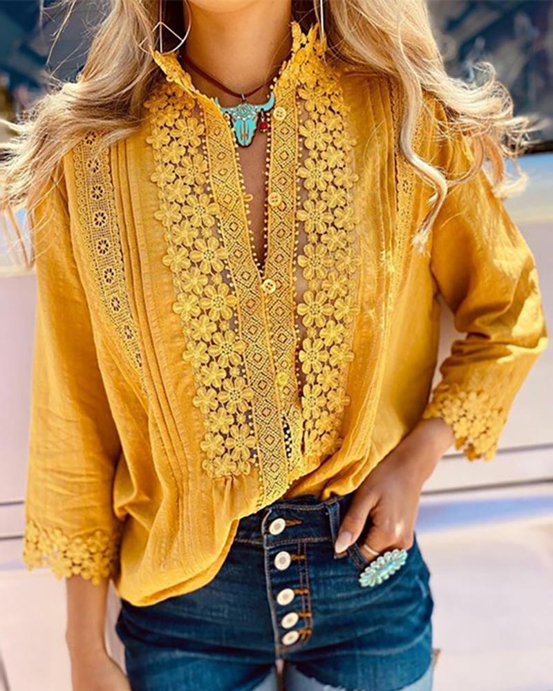 

Floral Crochet Lace Insert Casual Shirt, Yellow