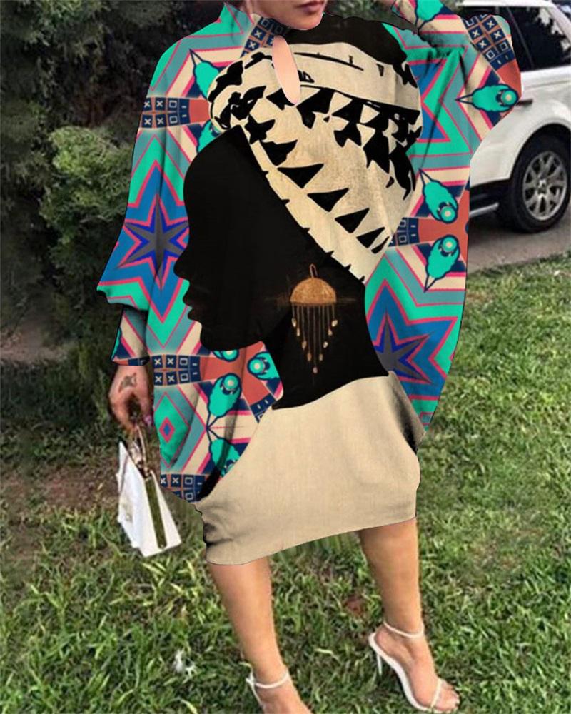 

Plus Size Figure Print Batwing Lantern Sleeve Casual Dress, Green