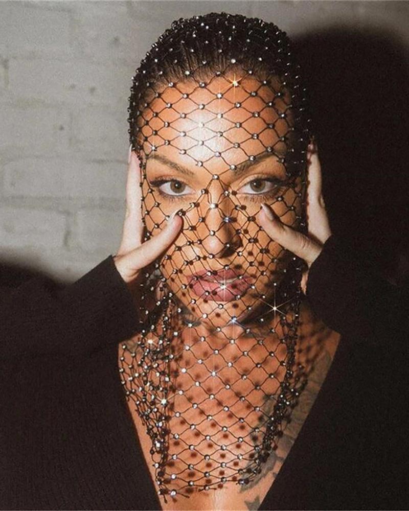 

Rhinestone Masquerade Mask Fishnet Design Face Cover, Black