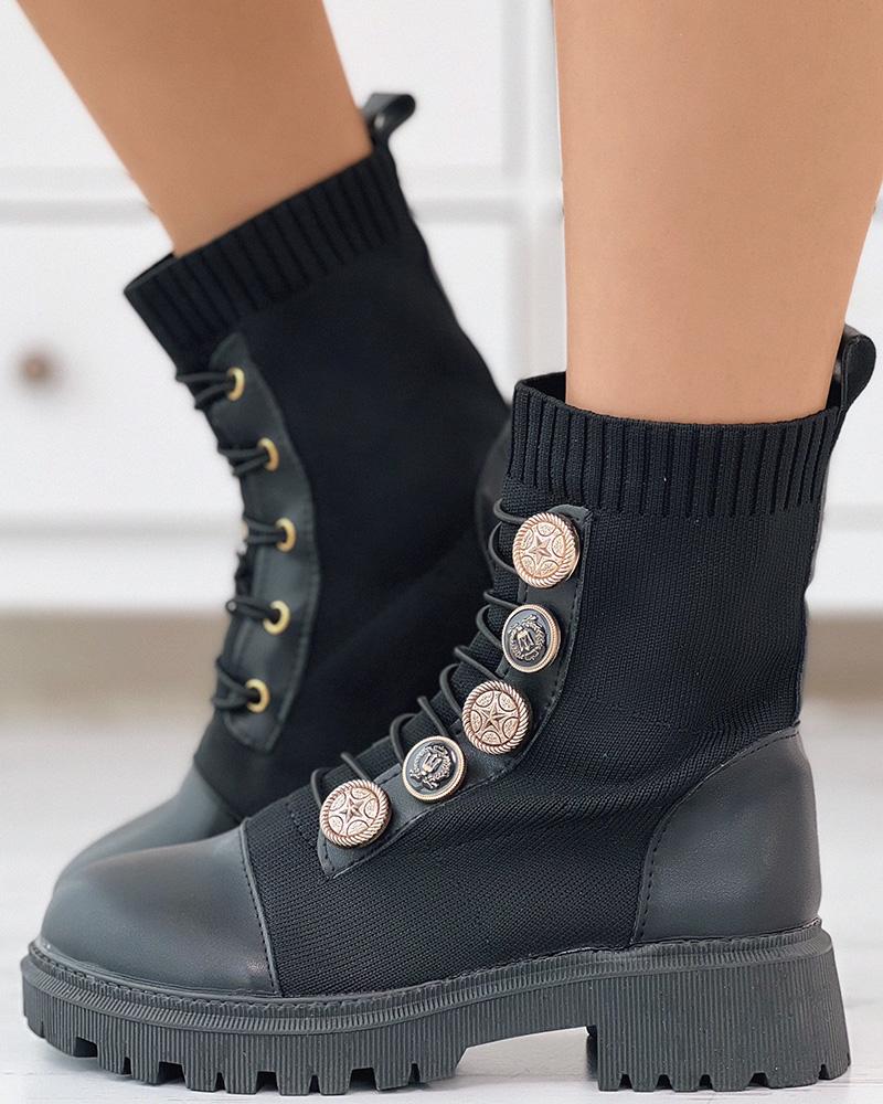 

Button Decor Lace-up Martin Boots, Black