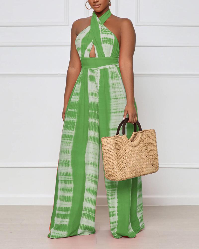 

Tie Dye Print Halter Backless High Waist Wide Leg Jumpsuit, Green