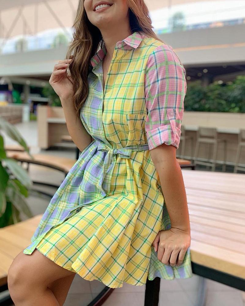 Plaid Print Colorblock Half Sleeve Shirt Dress