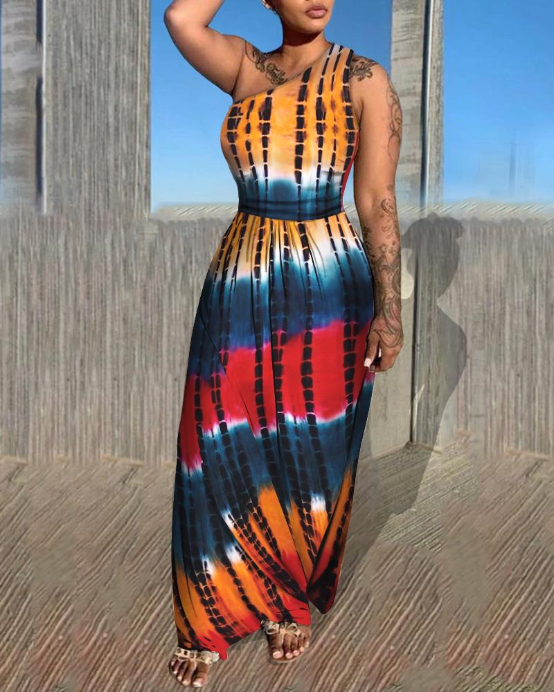 

One Shoulder Colorblock Tie Dye Print Ruched Backless Maxi Dress, Multicolor