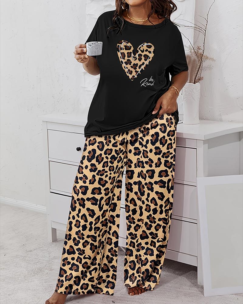 

Plus Size Heart Letter Leopard Print Wide Leg Pajamas Set, Black
