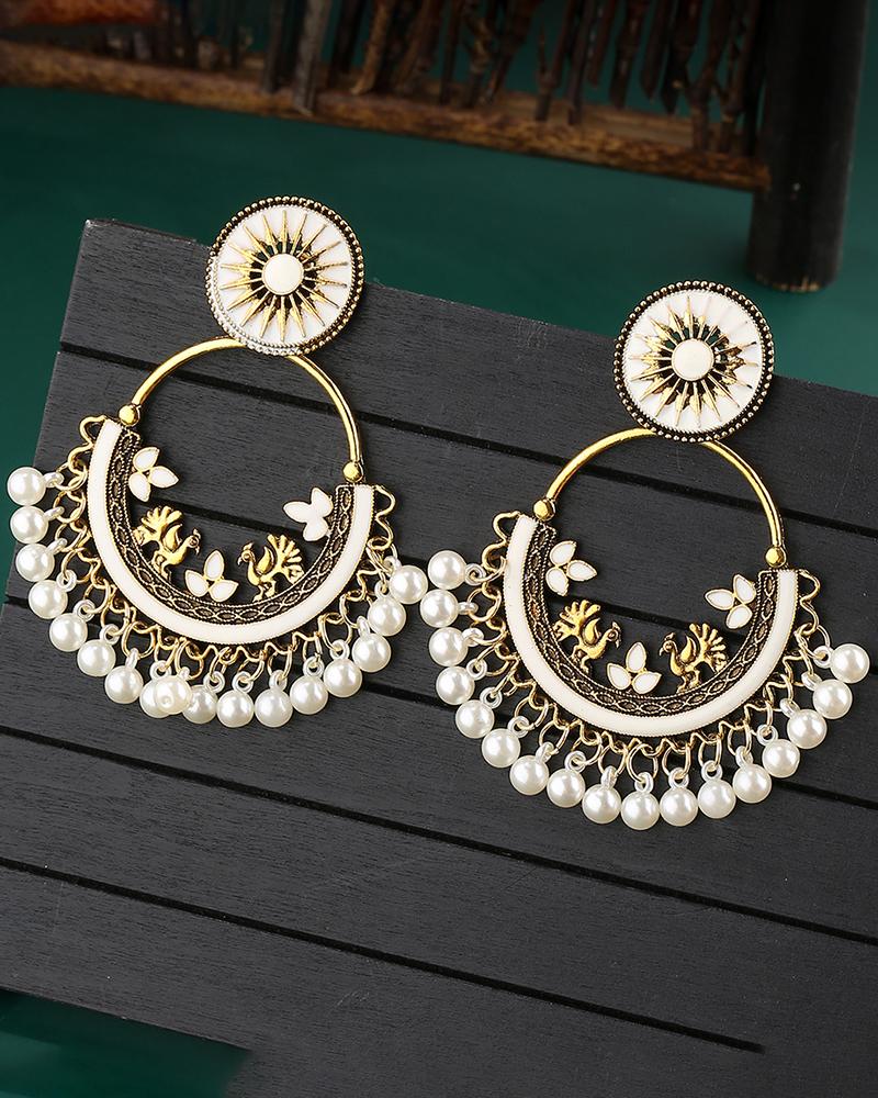 

1Pair Animal Floral Geometric Pattern Beaded Tassel Hoop Earrings, White