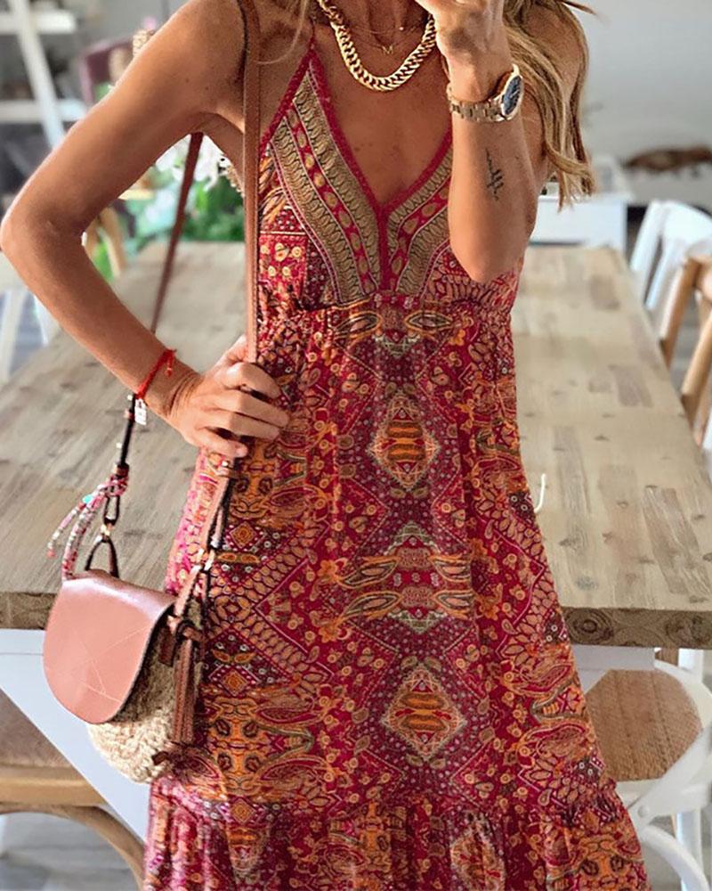 

All Over Print Sleeveless Maxi Dress, Red