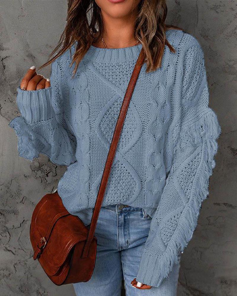 

Fringe Trim Long Sleeve Cable Knit Sweater, Lighted blue