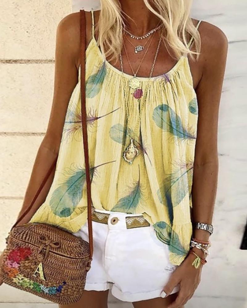 

Spaghetti Strap Feather Print Top, Yellow