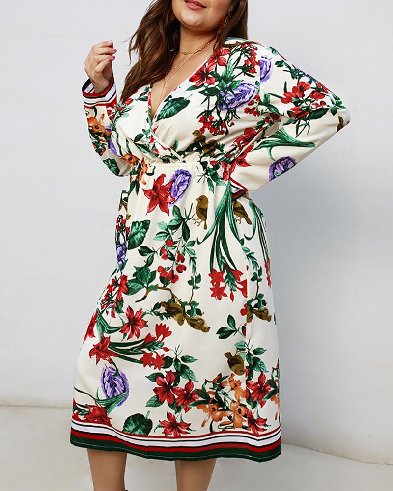 

Botanical Print Long Sleeve Casual Dress, White