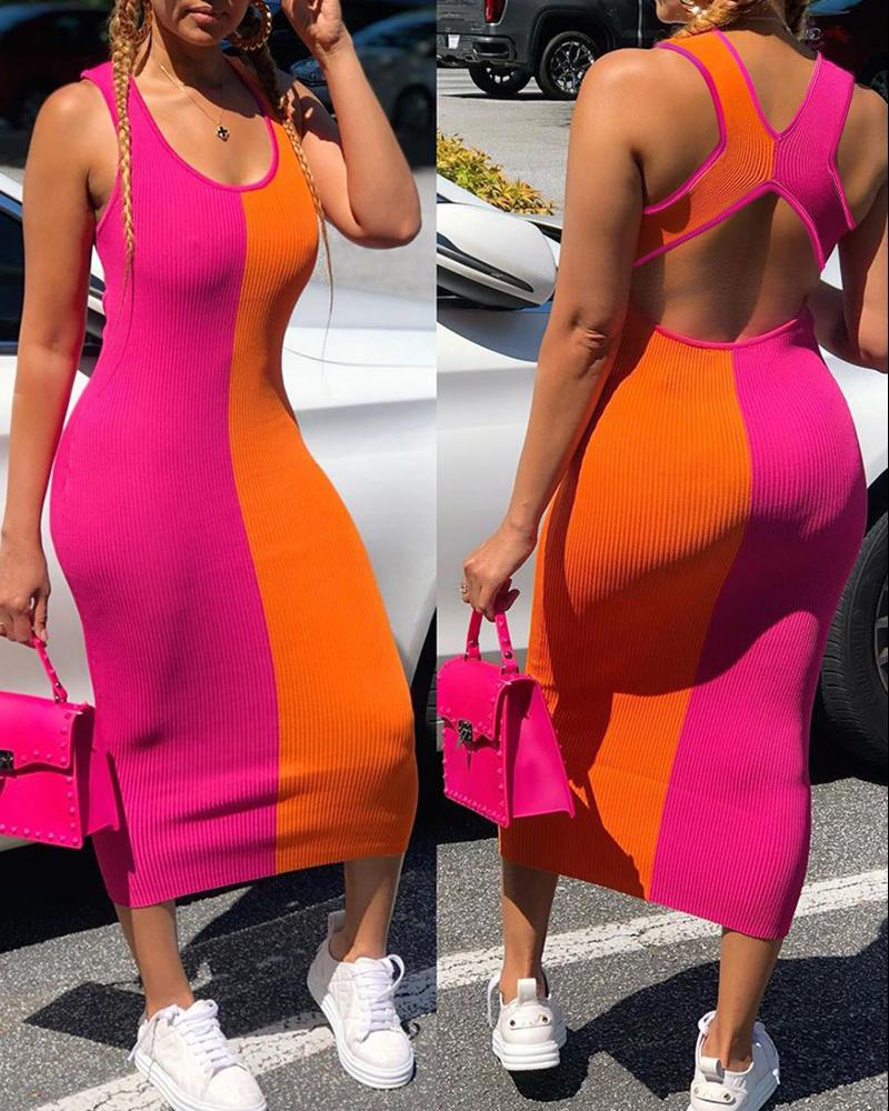 

Colorblock Sleeveless U Neck Cutout Back Skinny Dress, Hot pink