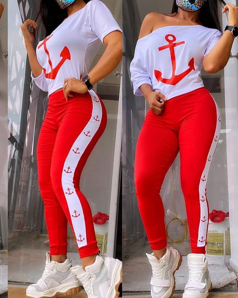 

Women Skew Neck Half Sleeve Anchor Print Short Sleeve Top & High Waist Pants Set, Red