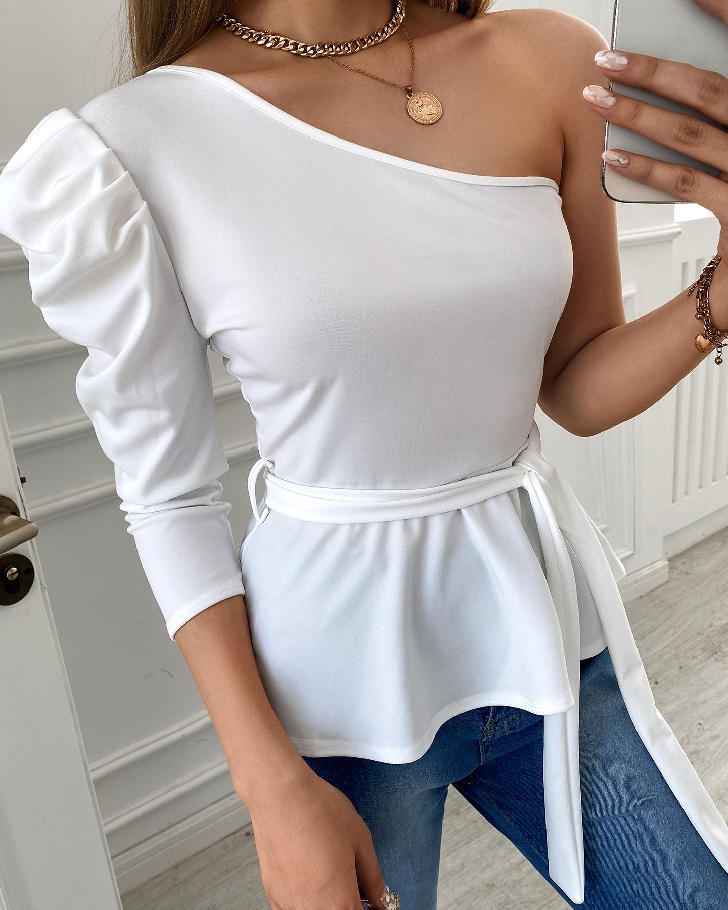

One Shoulder Puff Sleeve Self Tie Peplum Top, White