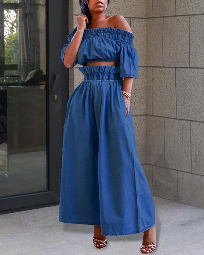 

Off Shoulder Frill Hem Denim Top & Pants Sets, Dark blue