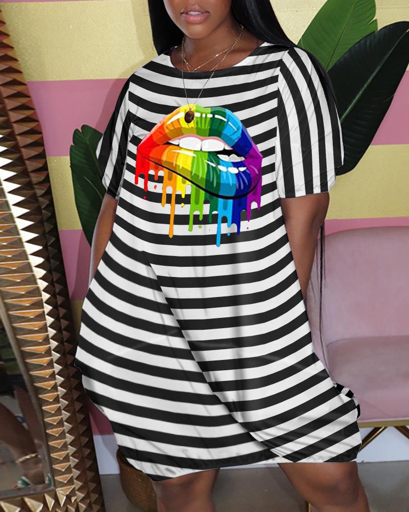 

Round Neck Stripe Lip Print Casual Dress, Multicolor