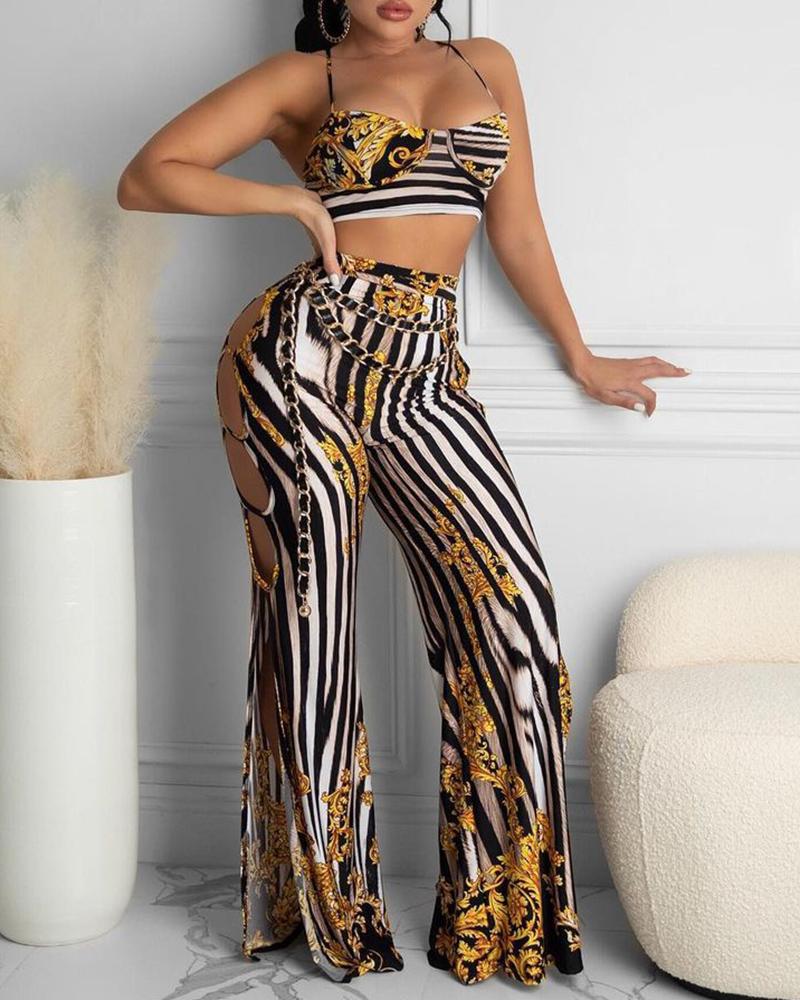 

Striped Patterns Print Strap Slim Tanks With Flared Pants Suit Sets, Yellow