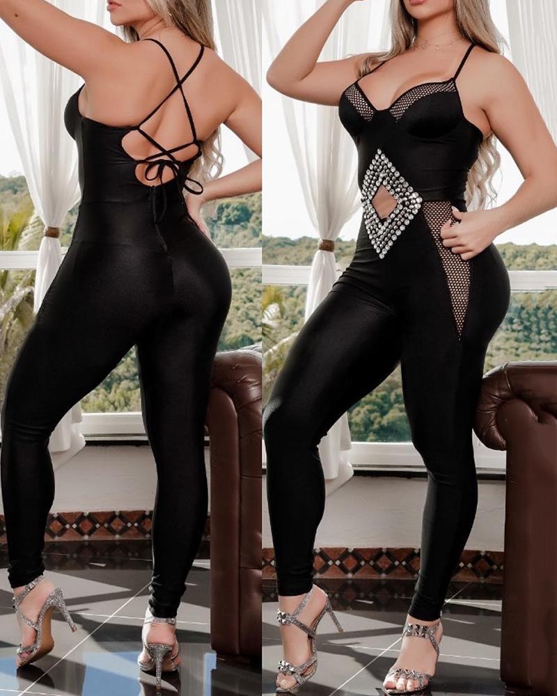 

Fishnet Rhinestone Decor Crisscross Skinny Jumpsuit, Black
