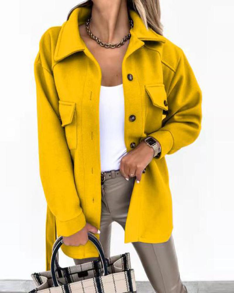 

Flap Detail Drop Shoulder Button Up Coat, Yellow
