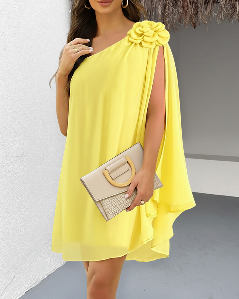 

Vestido mini informal de fiesta de corte A con un hombro sin mangas y decoración de flores 3D, Yellow