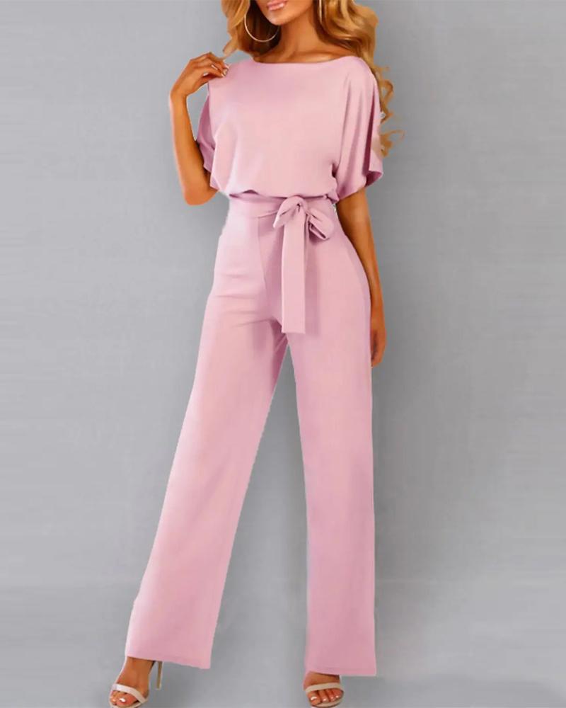 

Batwing Sleeve Keyhole Back Belted Jumpsuit, Pink