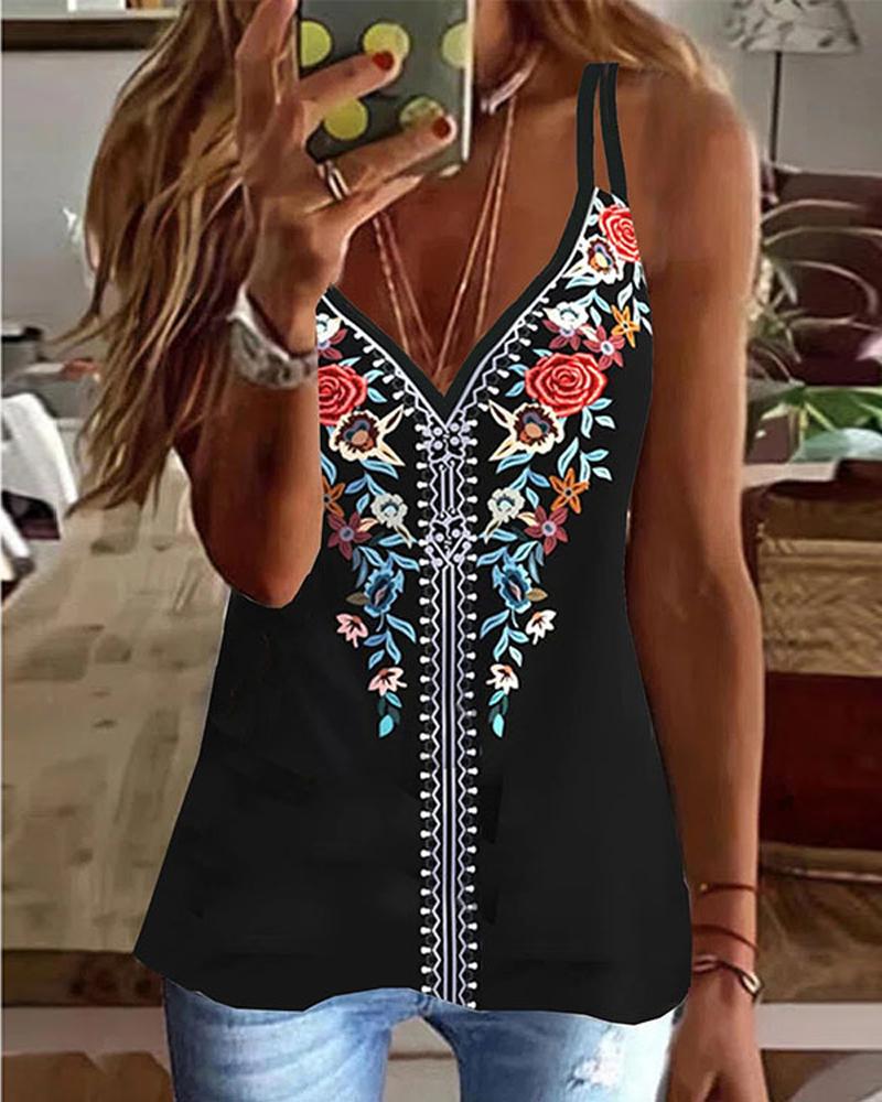 

Floral Tribal Print Casual Cami Top, Black
