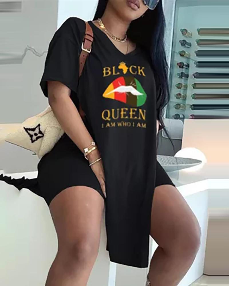 

Lip Letter Print Slit V Neck Short Sleeve Top & Shorts Set, Black