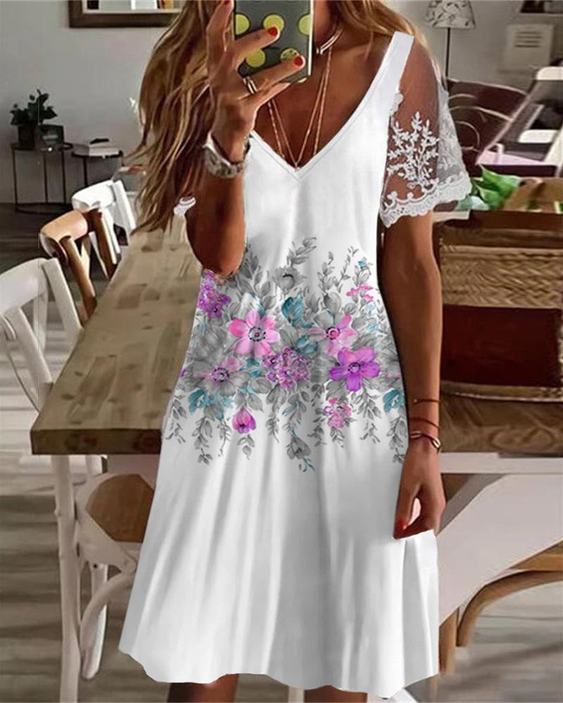 

Crochet Lace Floral Print Casual Dress, White