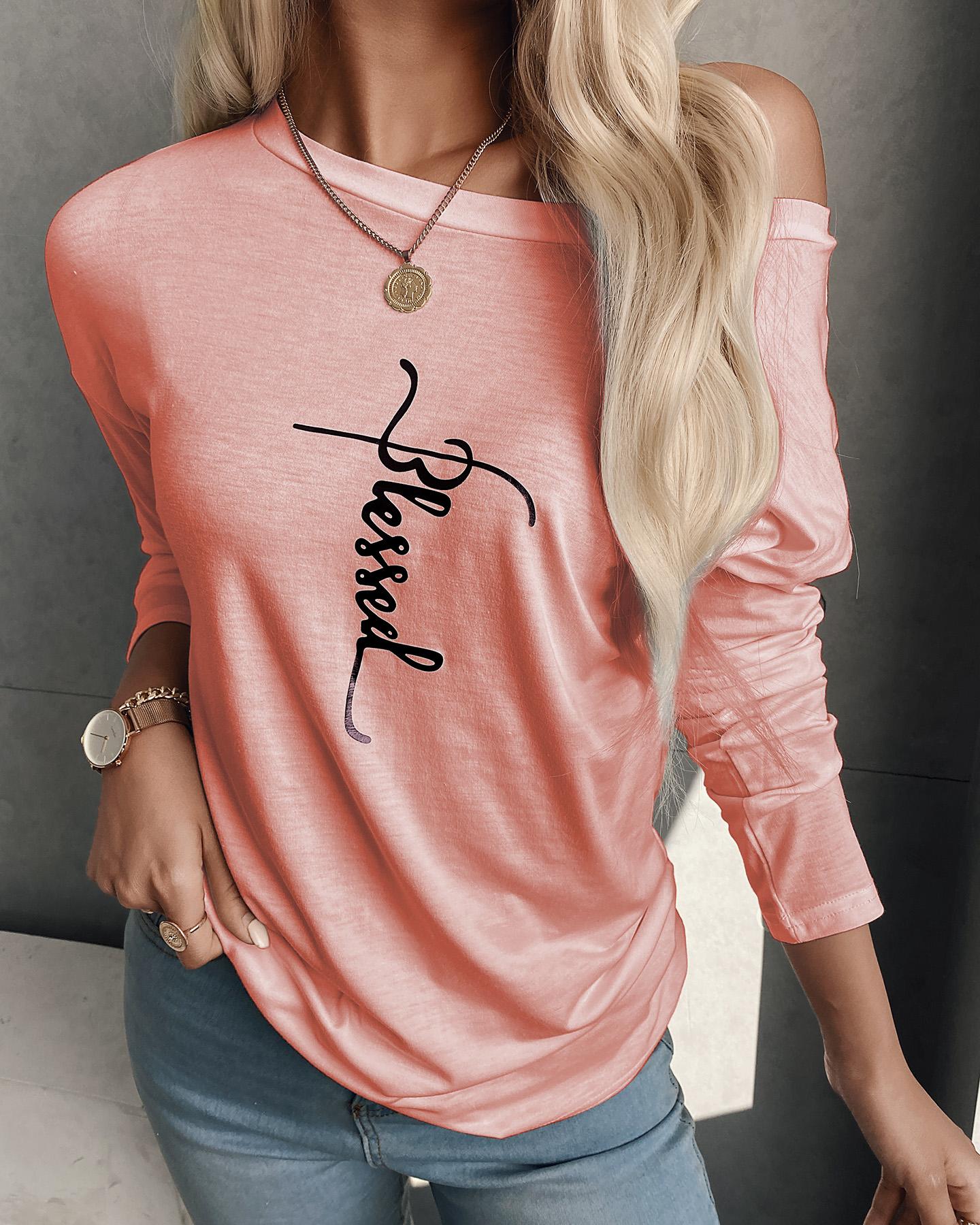 

Letter Print Long Sleeve Casual T-Shirt, Pink