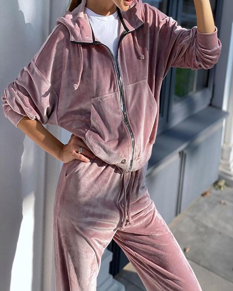

Velvet Zipper Design Hooded Top & Pocket Design Pants Set, Pink