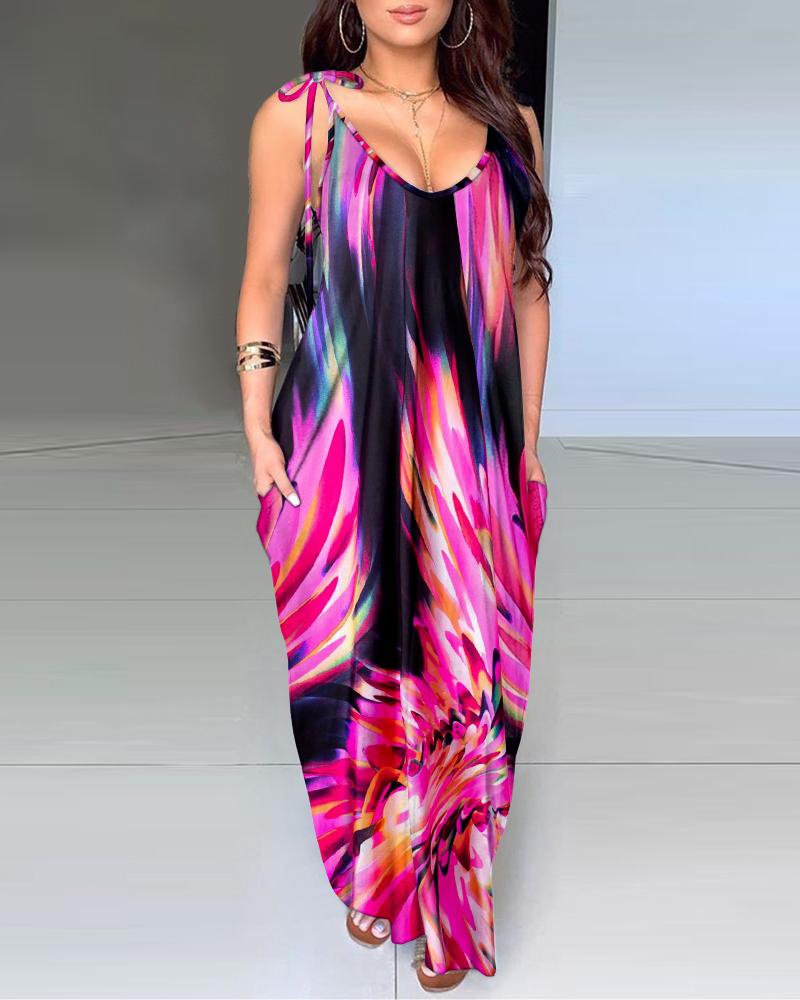 

Allover Print Pocket Design Tied Detail Casual Dress, Multicolor