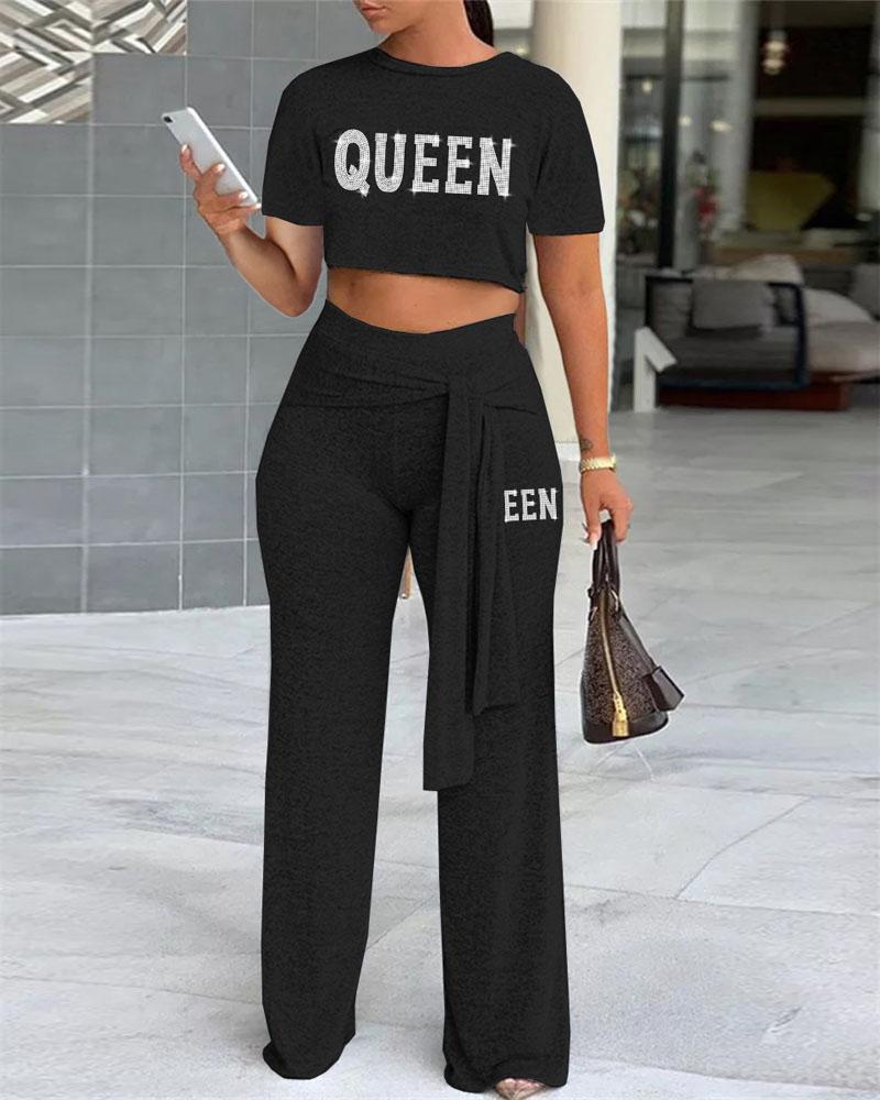 

Rhinestone Letter Pattern Crop Top & Tied Detail Pants Set, Black