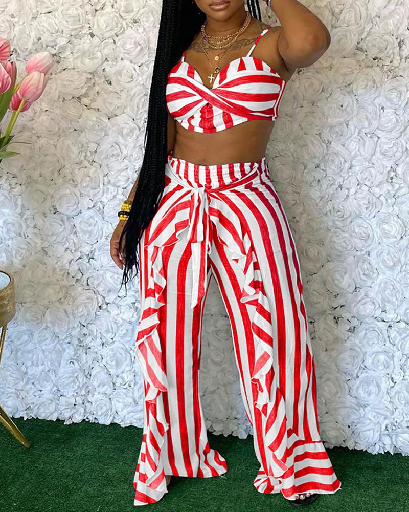

Striped Crop Top & Ruffle Hem Pants Set, Red