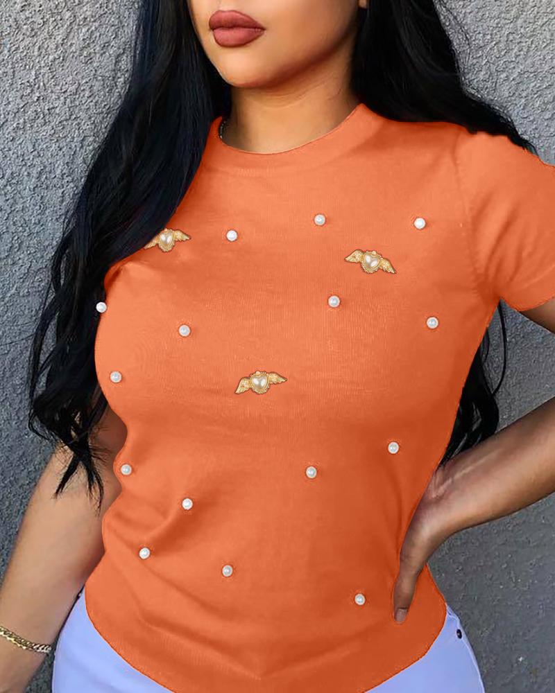 

Camiseta de manga curta com decote redondo e contas, casual, ajuste solto, top, Orange